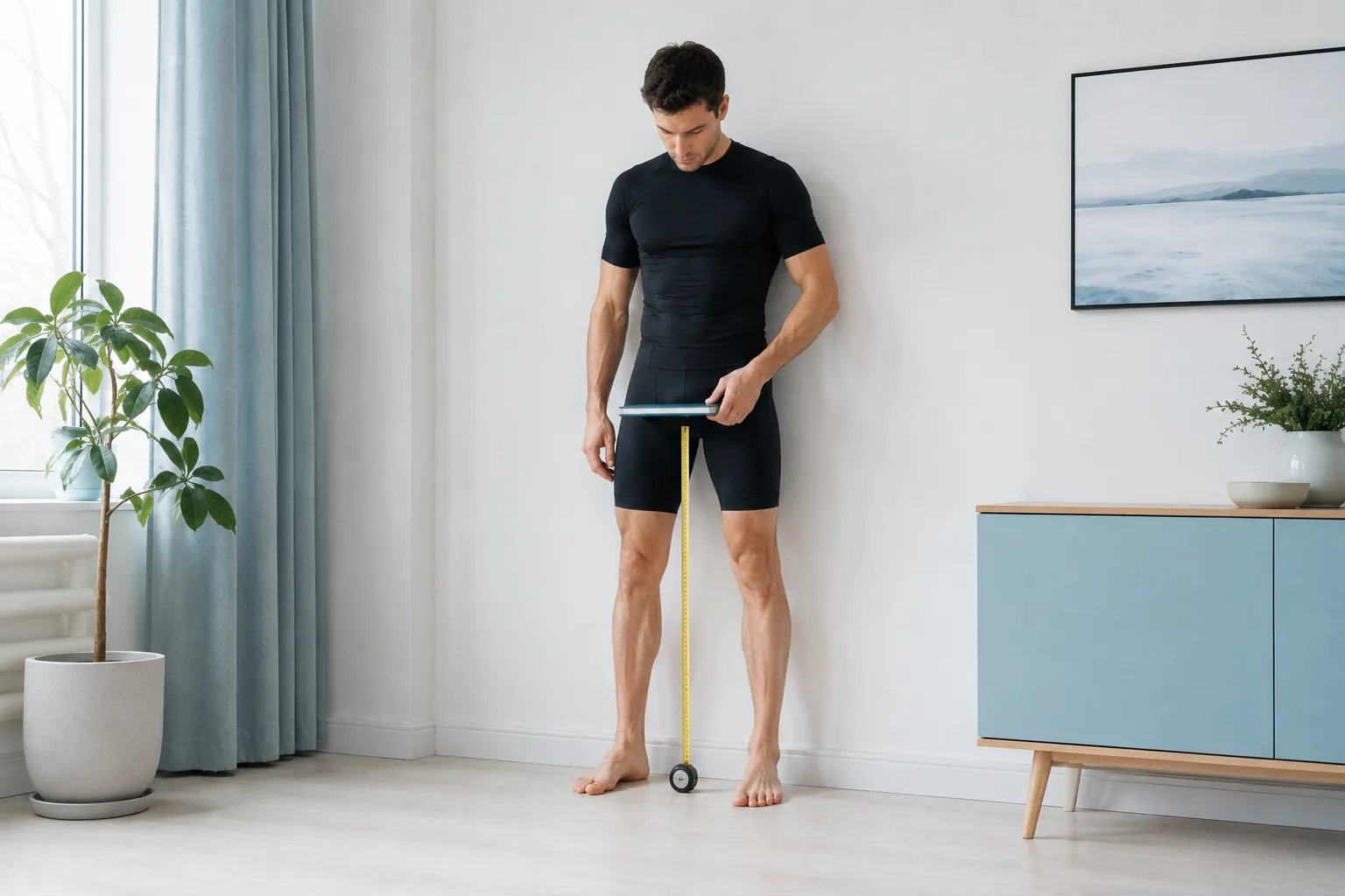 Cyclist repeating an inseam measurement against a wall with a level book and tape.