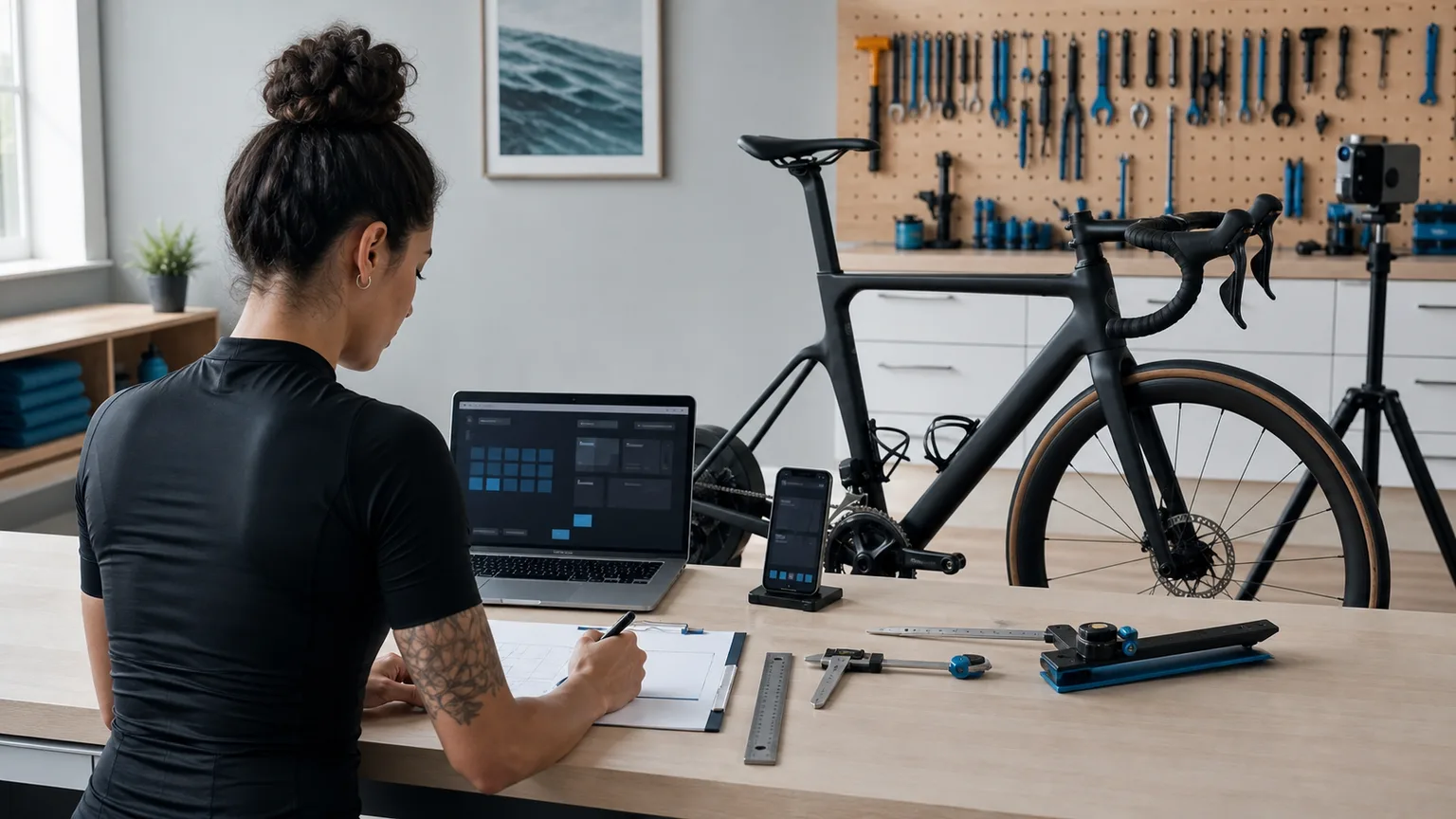 A cyclist documents a measured bike setup locally beside the bike