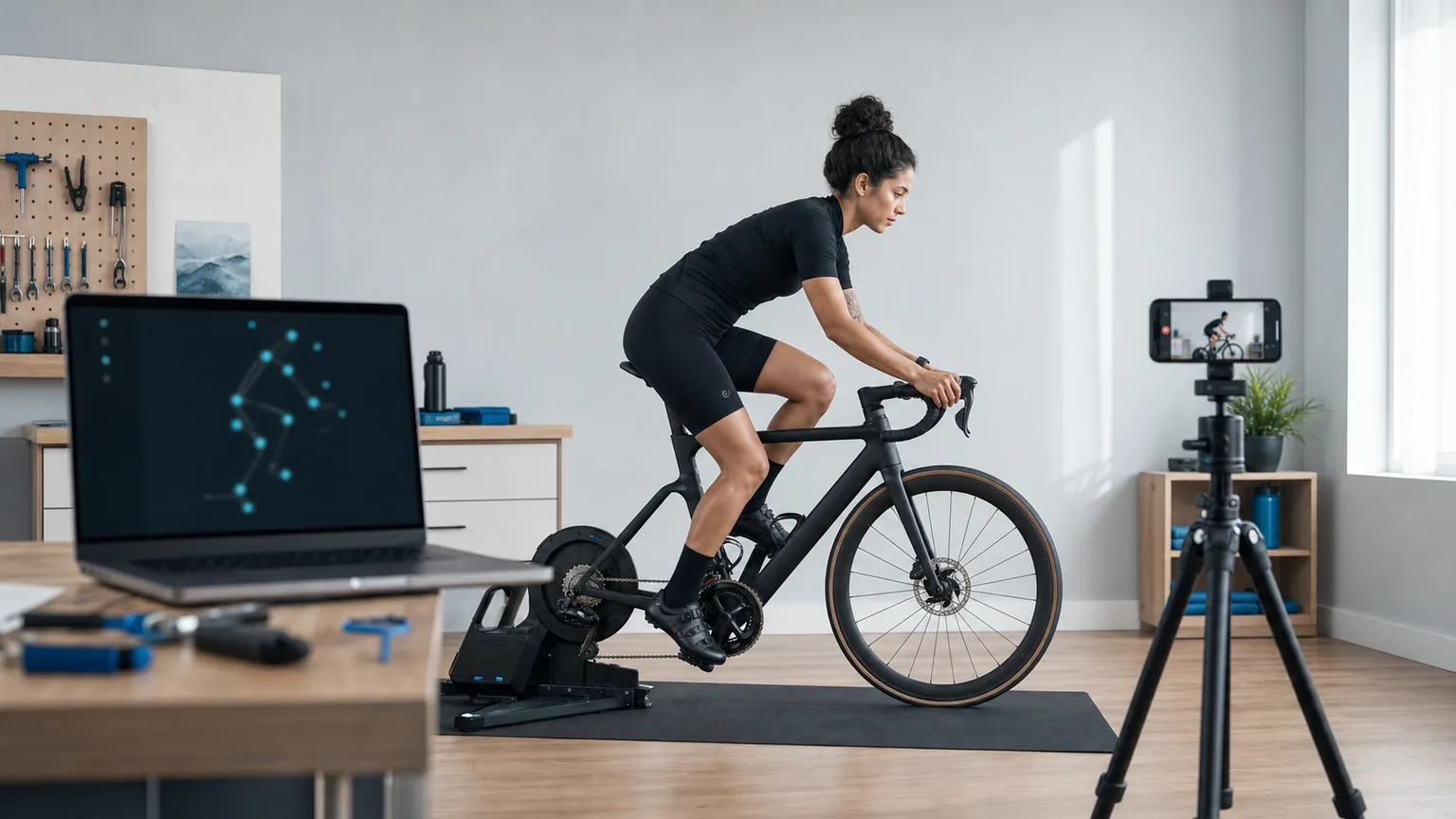 Cyclist riding on a trainer while a nearby phone records the side view and a local laptop processes movement.