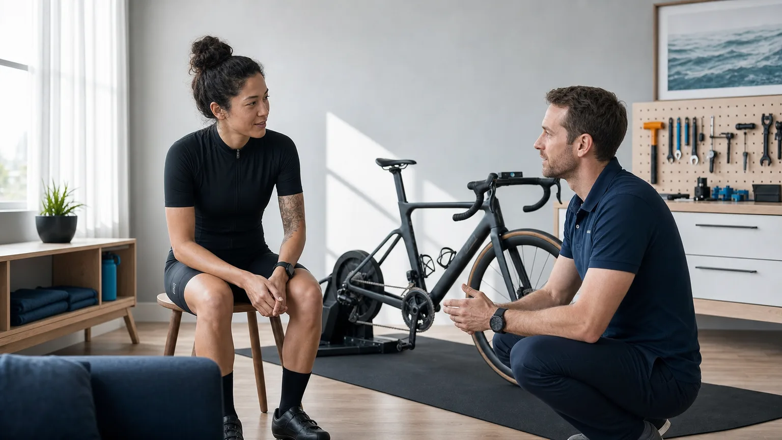 A cyclist and bike fitter discussing the next step in a workshop