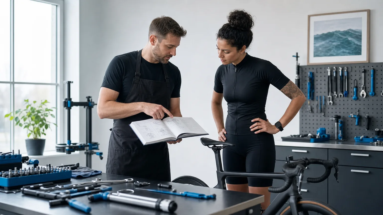 Bike mechanic and cyclist checking a component manual together before touching the bicycle.