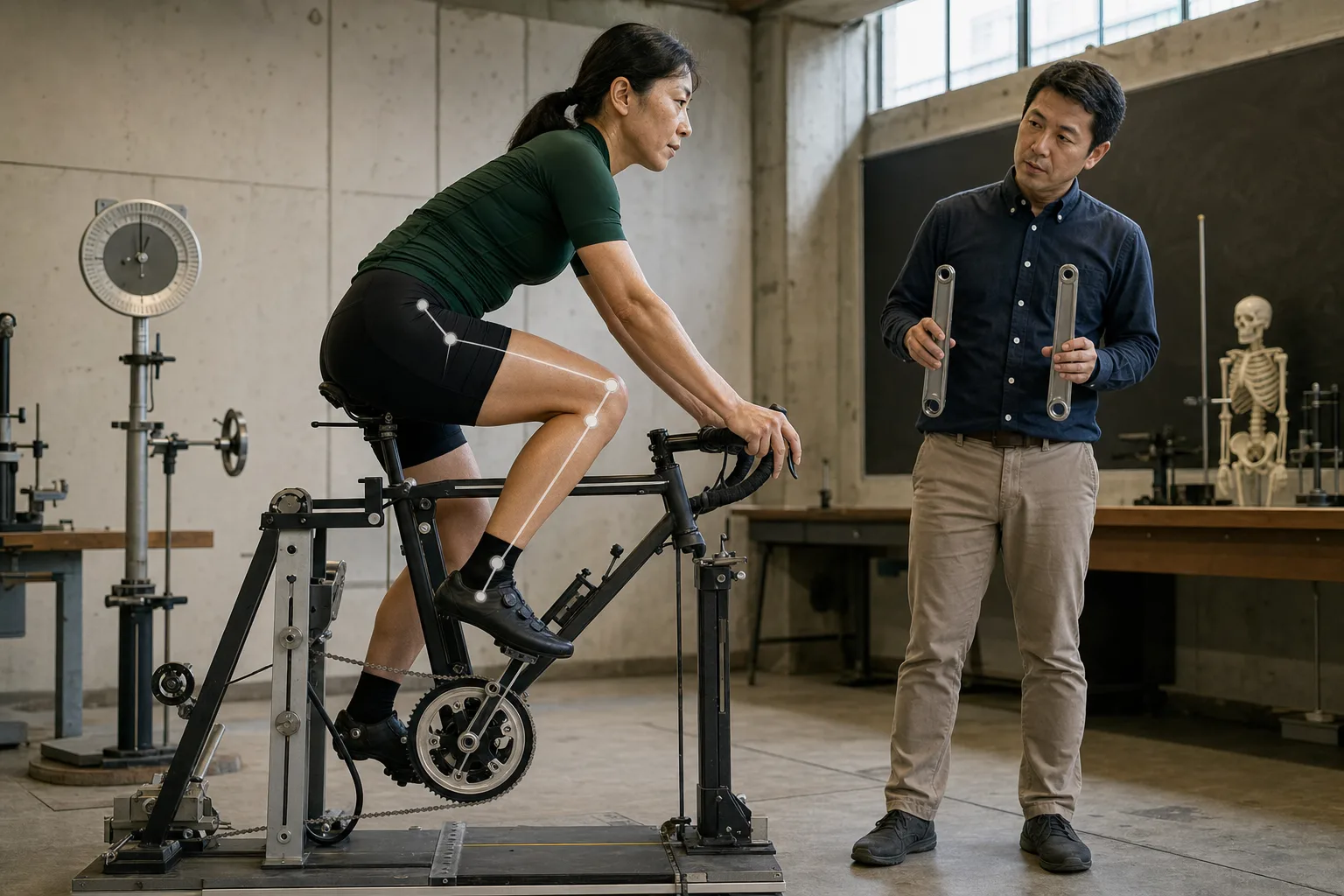 A cyclist pedals an adjustable laboratory bike while a researcher compares two crank arms.
