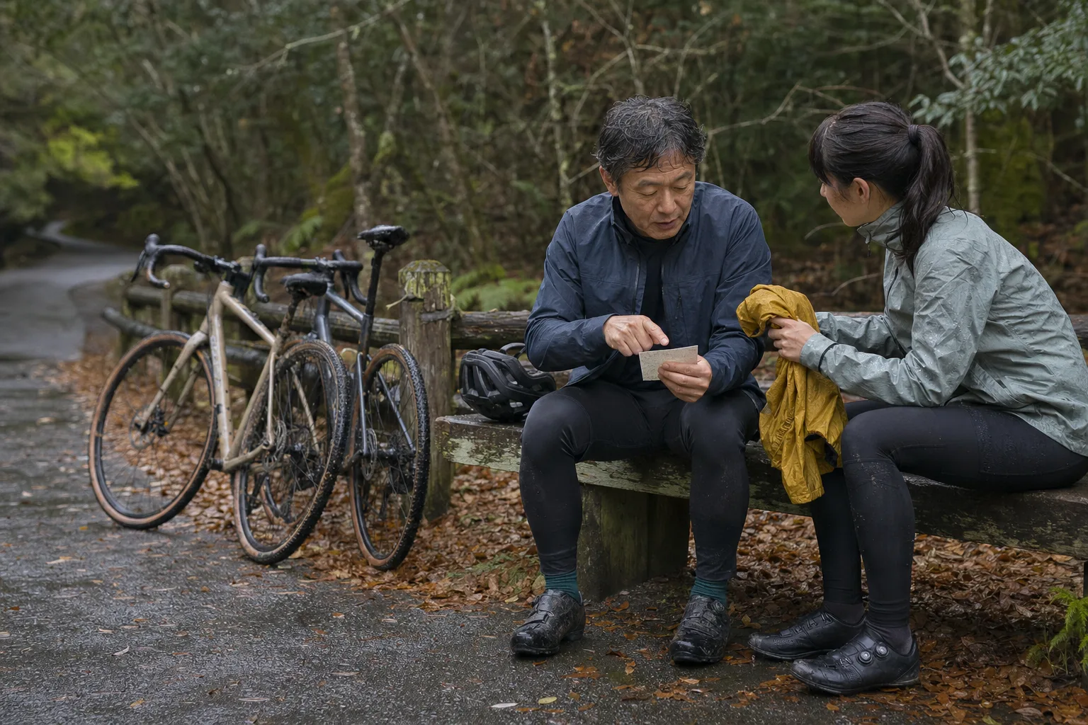 Two cyclists pause beside their parked bikes on a wet forest road and review a ride note.