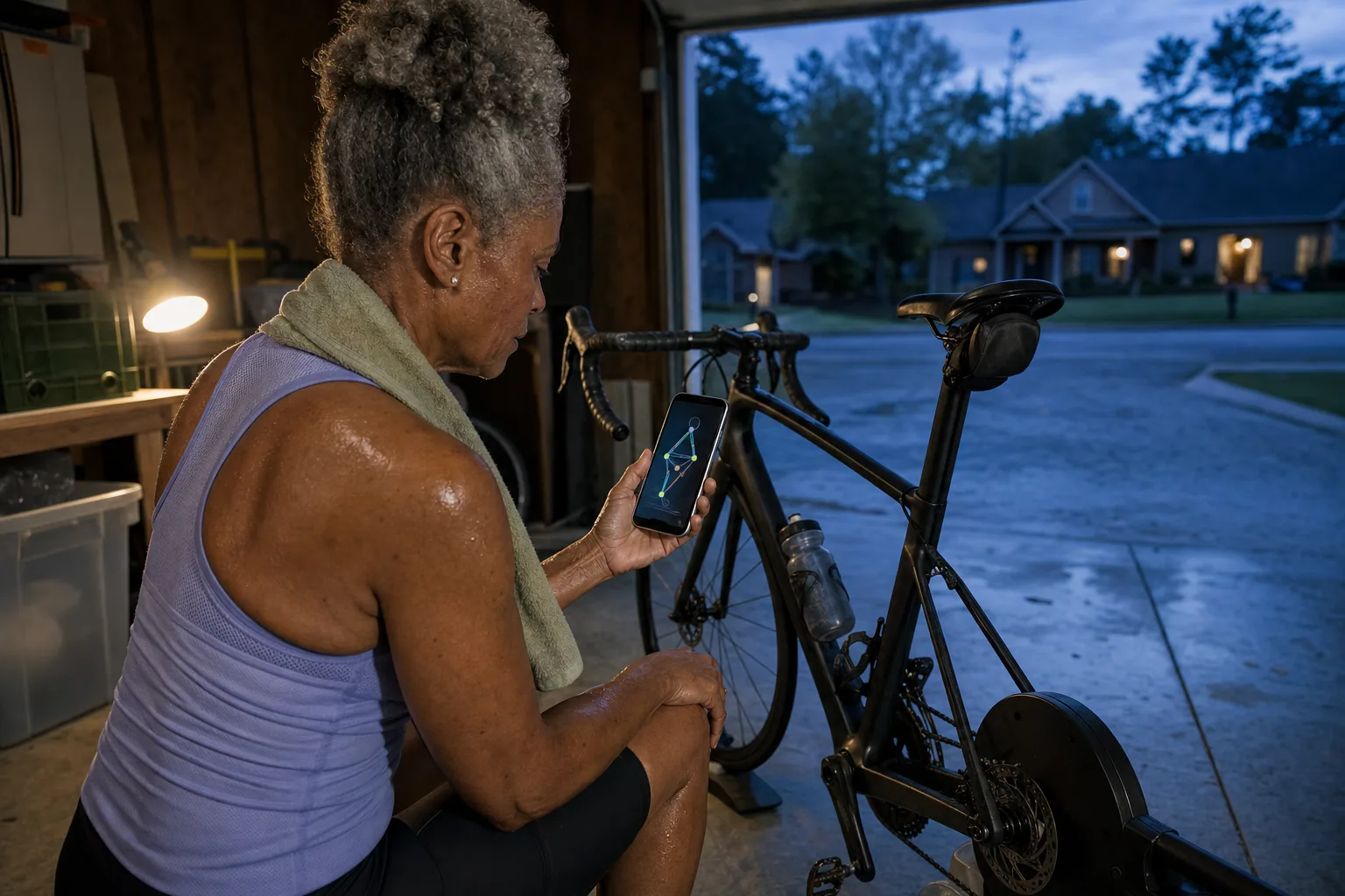 An older cyclist reviews a local joint-angle preview on her phone beside a bicycle trainer in a garage.