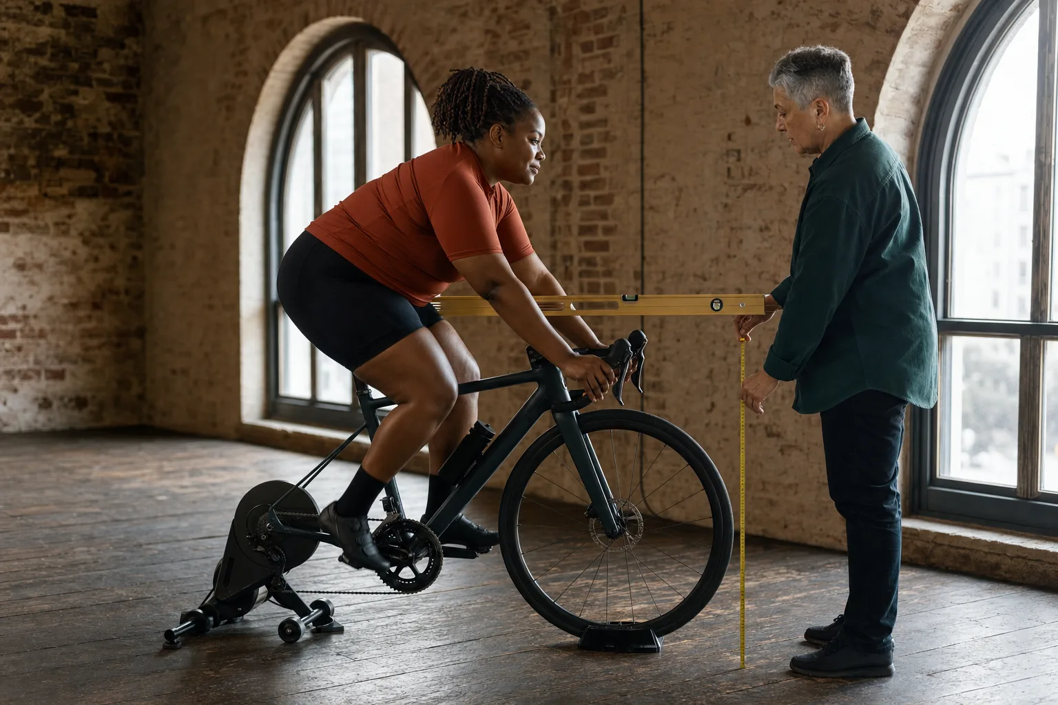 A cyclist holds the hoods on an indoor trainer while a fitter measures saddle-to-handlebar drop with a level.