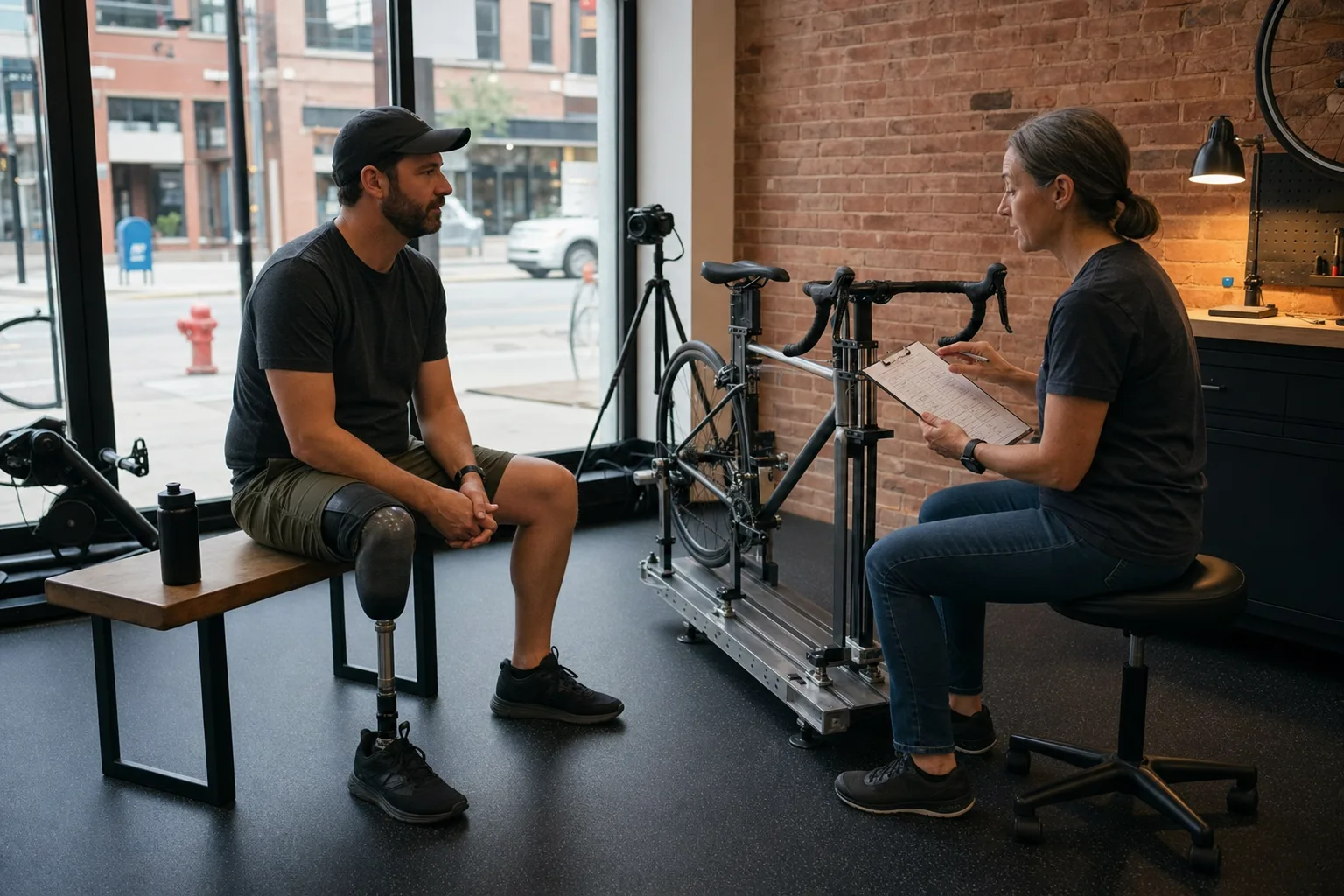 A cyclist with a lower-leg prosthesis discusses a documented fit session with a bike fitter beside a fitting jig.