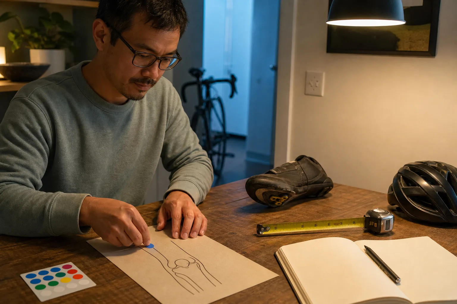 A cyclist marks a symptom location on a plain knee outline beside a cycling shoe and tape measure.