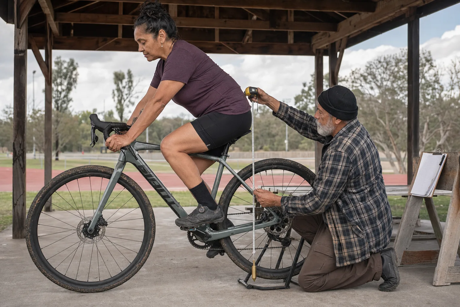 A cyclist sits on a supported gravel bike while a helper checks saddle coordinates with a tape and plumb bob.