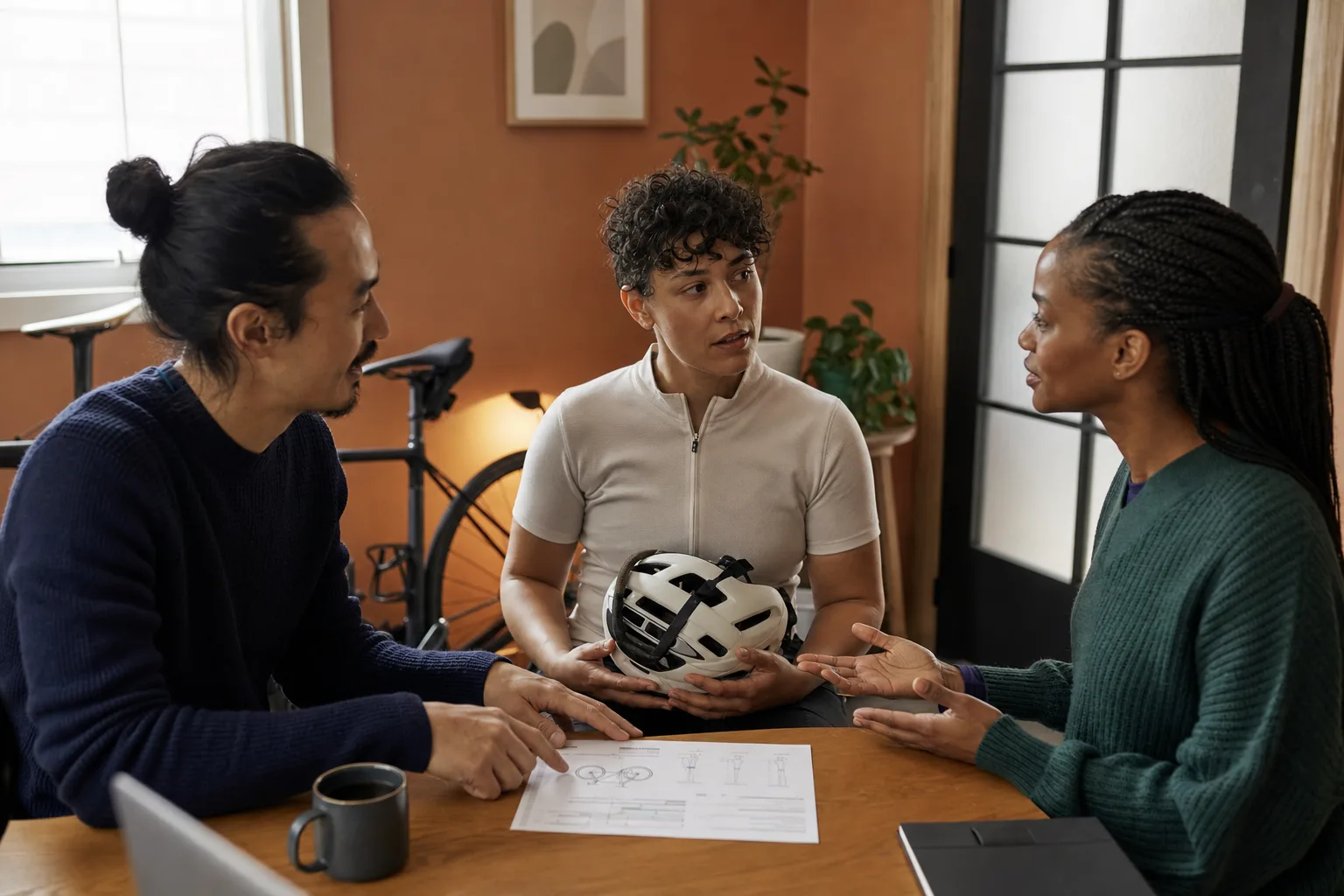 A cyclist holding a helmet talks with a bike fitter and physiotherapist beside a parked bicycle.