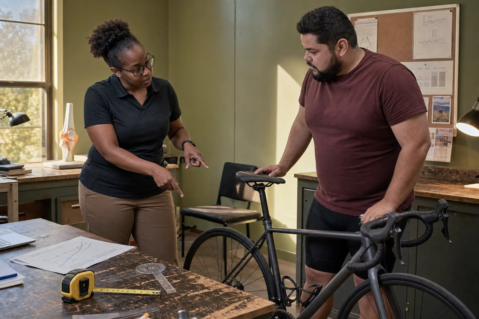 A sports-science instructor compares saddle-height measurements with a cyclist beside a road bike.